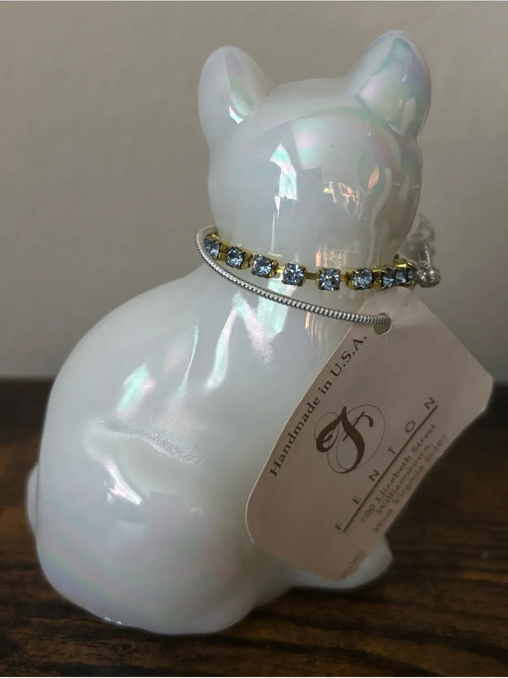 Vintage Fenton Opal Iridescent December Cat ~ Blue Zircon - UVGlow - Marked